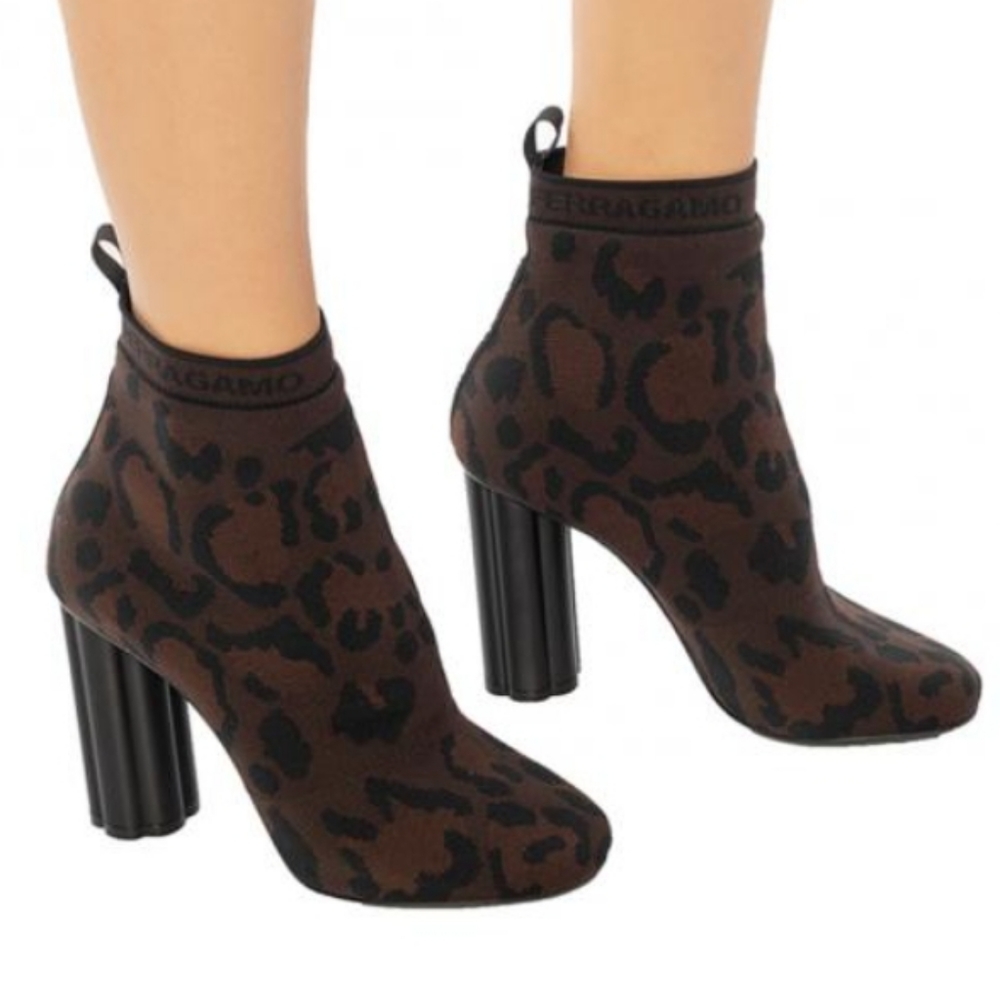 Salvatore Ferragamo Animal Print Knit Sock High Heeled Booties Size 7 D … - Picture 9 of 9
